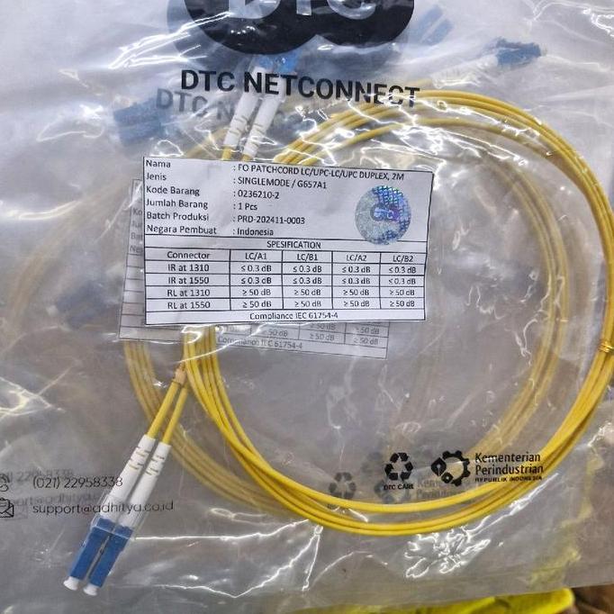DTC NETCONNECT PATCH CORD FO LC-LC DUPLEX SINGLEMODE 2METER ORIGINAL DTC NETCONNECT KUALITAS RESTOCK