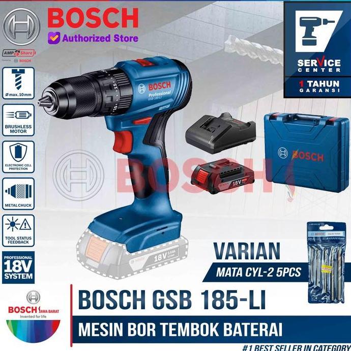 Bosch Bor Tembok Baterai Cordless GSB 185-LI 18V + Mata Bor CYL-2 5Pcs GSB185 Torsi 21/50 Nm Motor T