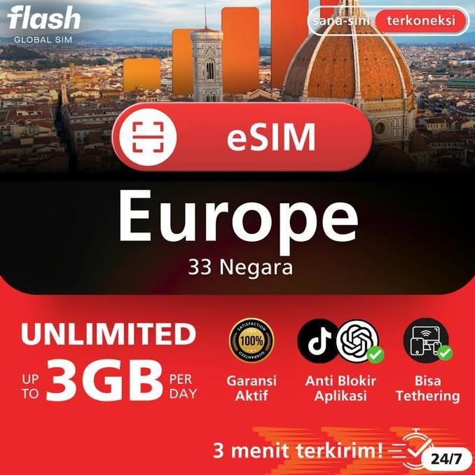 Card - Flash Esim Eropa 33 Negara Unlimited Data (Esim Europe, Esim Uk, Esim Belanda, Esim Jerman, E