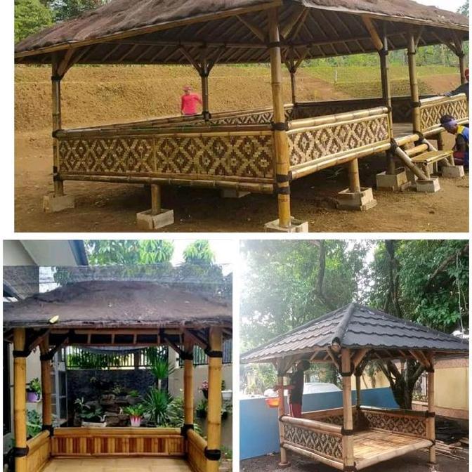 Saung Gajebo Bambu Bermotif untuk dekorasi taman Bahan Alami Atap Ijuk Kiray Ilalang & Genteng Metal