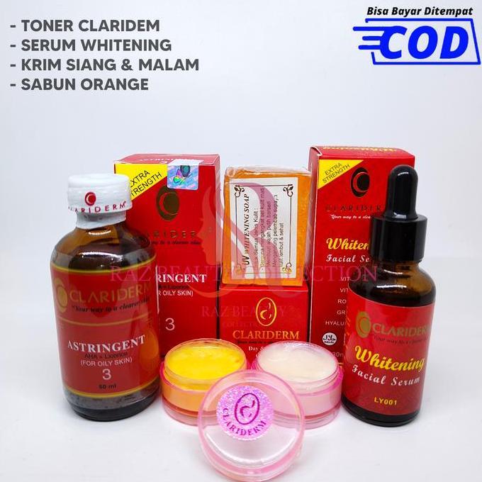 Faceid- New- Paket Kumplit Clariderm Plus Sabun Let Oren ( Krim Susun Clariderm Siang Malam - Toner 