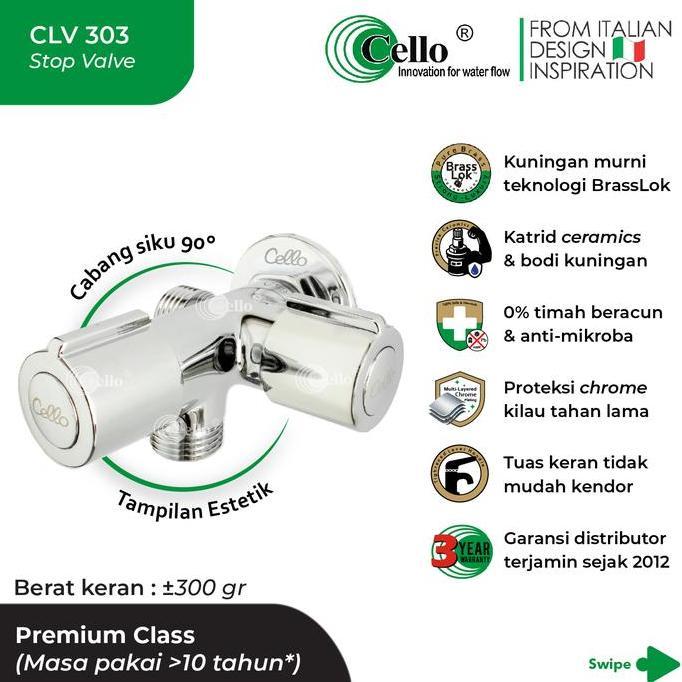 [Cello CLV-303] Stop Kran Cabang 2 Siku Sudut 90 Drat 1/2" Kuningan | Keran WC Duduk / Kloset | Kera