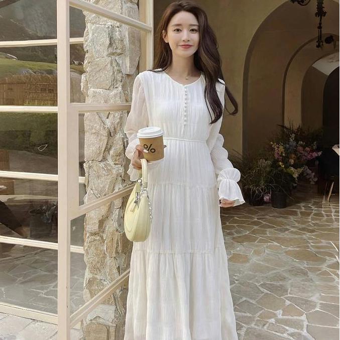 Dress Cream Midi Holiday Long Sleeve Chiffon Wanita Dress Casual Dress Pantai Dress Putih Gaun Retro