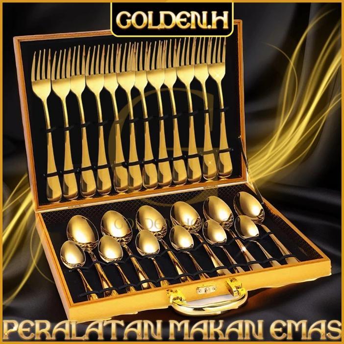 New Gold Cod Elegant Cutlery Set Alat Makan Sendok Garpu 12/16/24 Sendok Makan Set Peralatan Makan S