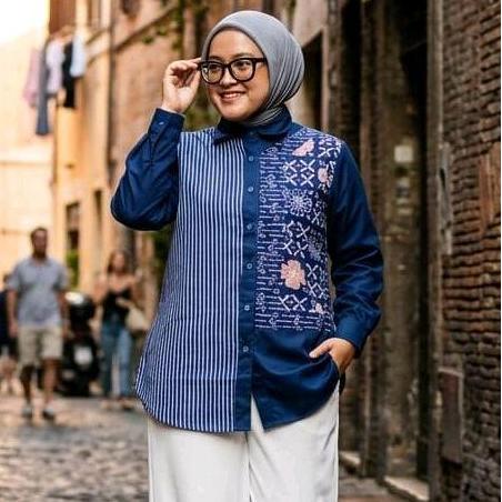 Roupas - Saiara Zoya Navy Kemeja Batik Kombinasi