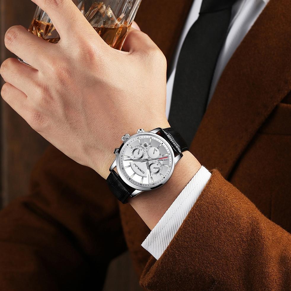 NEW ARRIVAL CRRJU Jam Tangan Pria Anti Air Terbaru Tipis Kronograf Quartz Kulit Arloji Olahraga(2212