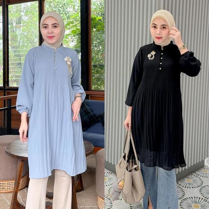 BELLE PLEATED TUNIC | Pleated Long Tunic | Tunic Plisket Wanita Premium | Tunic Korean Look | Tunik 