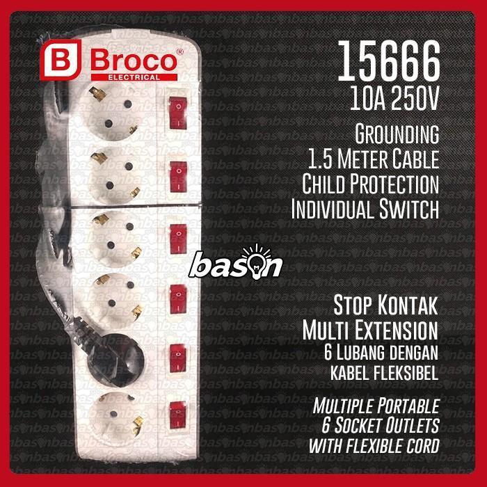 BROCO 15666 Stop Kontak Arde 6 Lubang Kabel 1.5Meter Saklar Individual