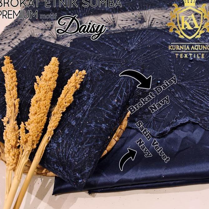 DF191 >> Kain Brokat / Brukat / Bordir / Lace Etnik Premium Motif Daisy warna NAVY Bahan Dress Kebay