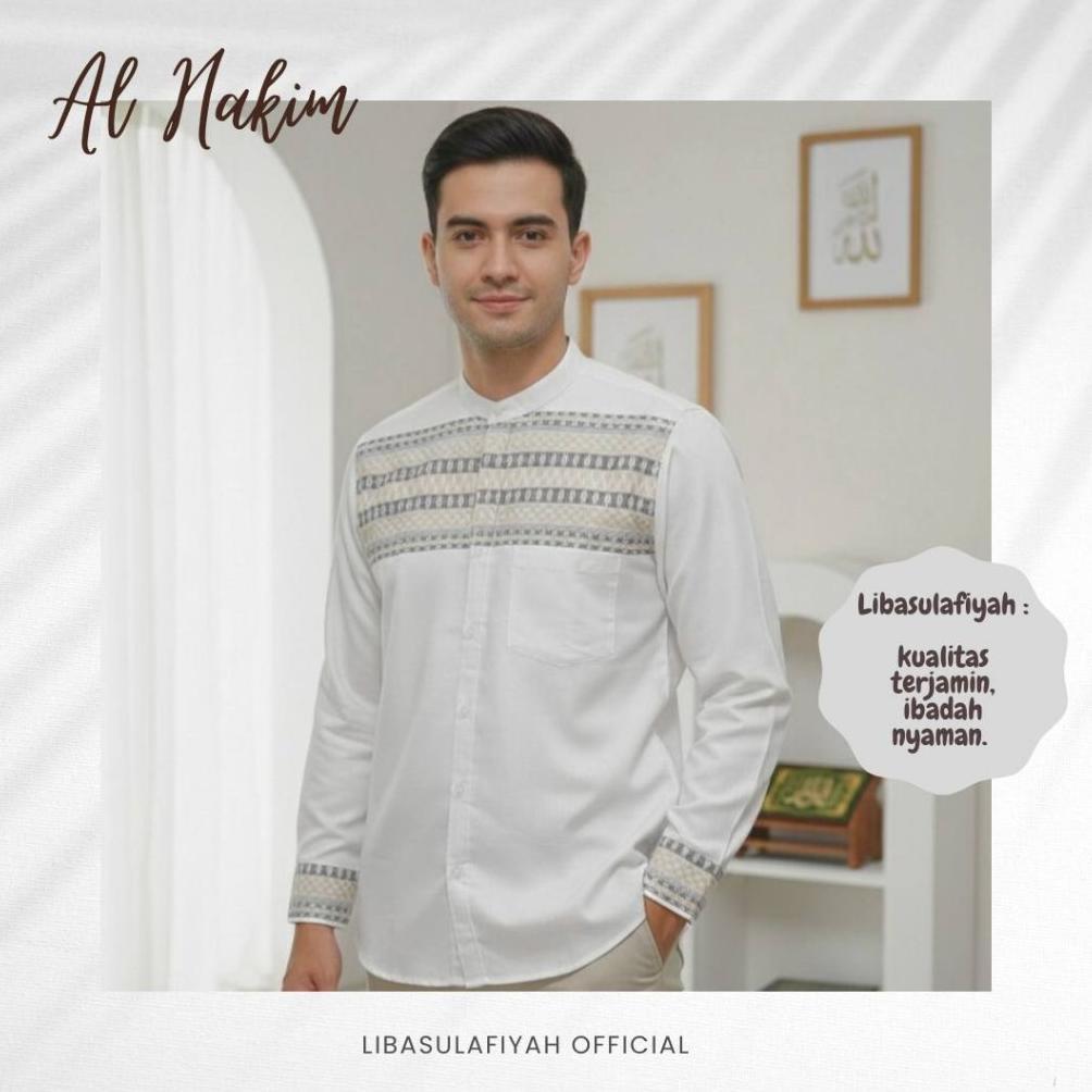 New Libasulafiyah Baju Koko Kemeja Sanghai Katun Songket Putih Polos Pria Dewasa Lengan Panjang  - B