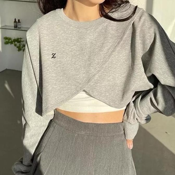 DR233 >> Sweater Crop Wanita Basic Crewneck Vinz Z Sling Fleece (LD 108, P 38)