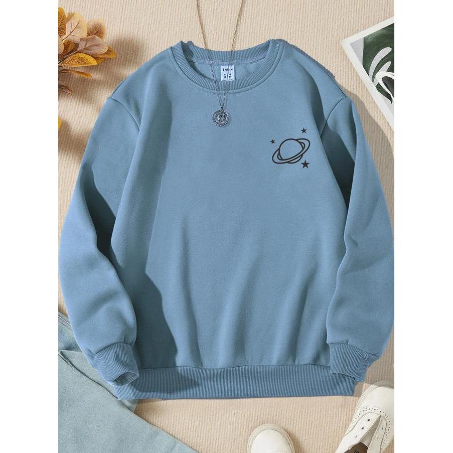 DY29 - Sweater PLANET Wanita Crewneck Oblonng Remaja Dewasa Cewe flece Murah Santai Hitam Coksu Mint