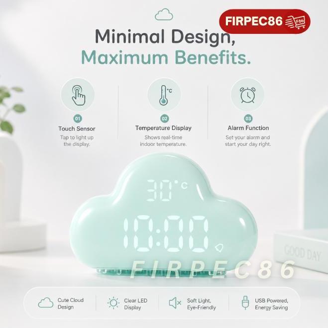JAM DIGITAL AWAN / DESIGN LUCU WEKER ANAK LED - JAM DAN SUHU PL