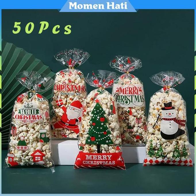 50Pcs Plastik Parcel Natal Dengan 60 Berwarna Emas Tas Merry Christmas