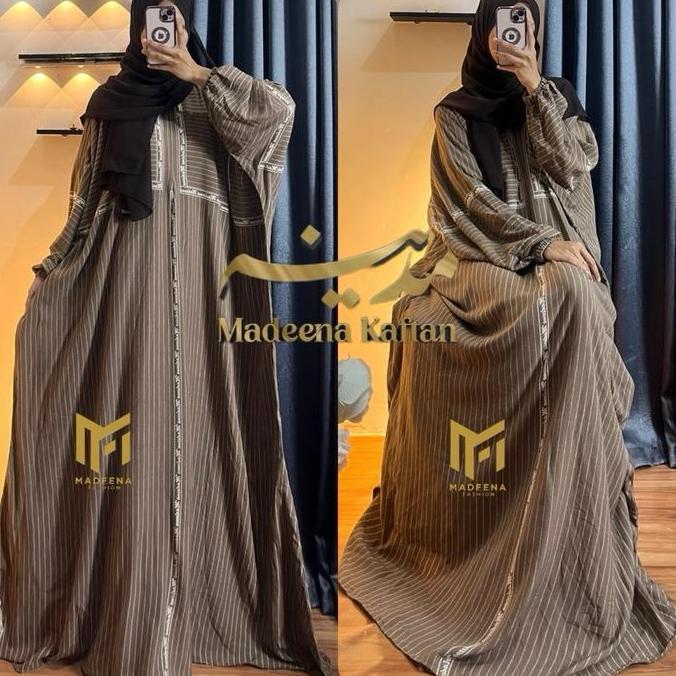 Arsy- Kaftan Motif Salur Madeena Ld Jumbo Bahan Rayon Adem Nyaman Gamis Dress Panjang Nita Muslim Re