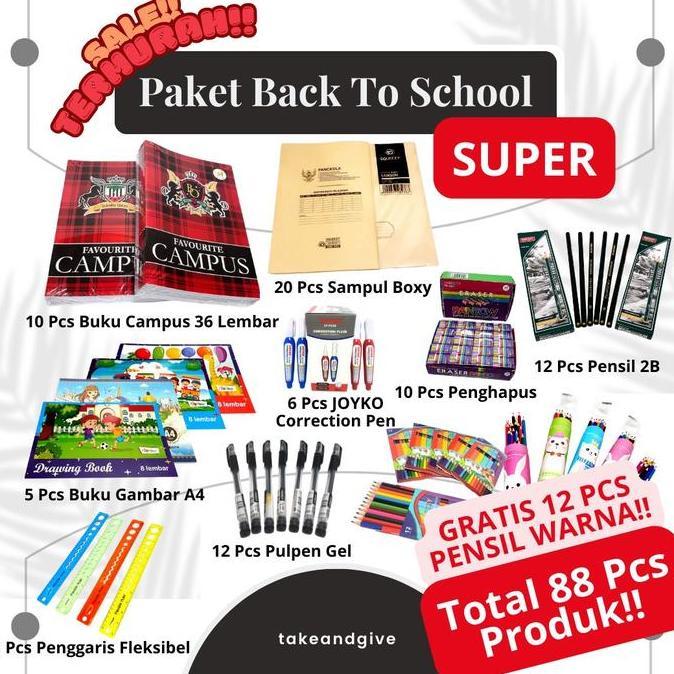 PAKET BACK TO SCHOOL 88PCS GRATIS 12 PCS PENSIL WARNA 10PCS BUKU CAMPUS + 5PCS BUKU GAMBAR A4 + 12PC
