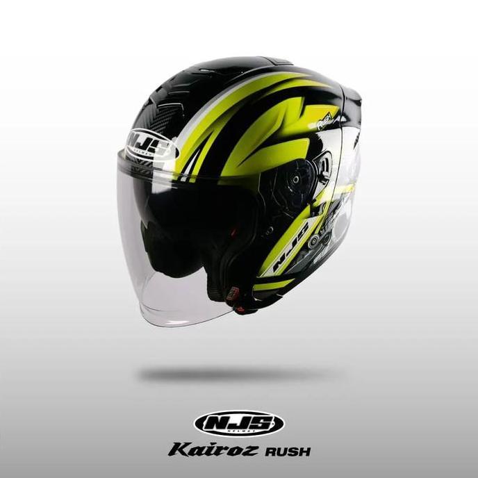 Promo Njs Kairoz Dv Rush Hitam - Kuning Fluo Gloss/Doff -  Helm Half Face (Double Visor) | Njs Dv | 