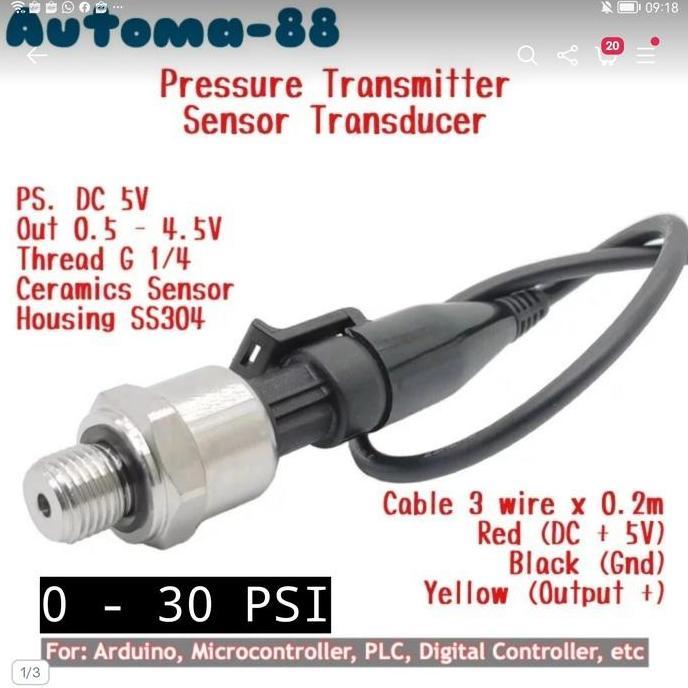 PRESSURE TRANSMITTER DC 5V SENSOR TEKANAN 0-30 PSI 30PSI 3 WIRE