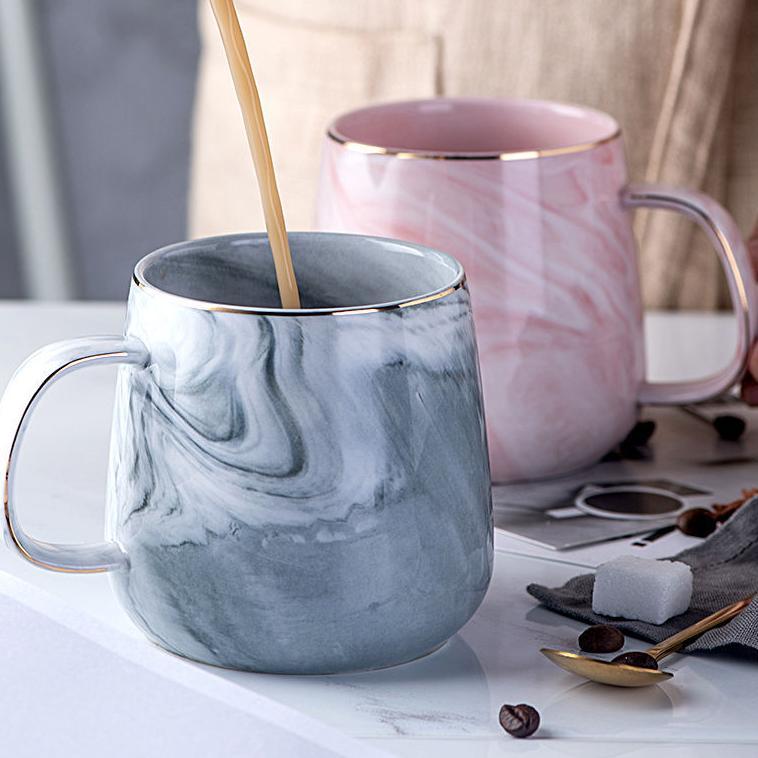 Ashome Gelas Minum Keramik Motif Marble Abu & Pink List Gold Elegant / Ceramic Mug Marble List Gold 
