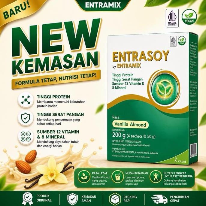 ENTRASOY VANILLA ALMOND SOYA 200 GR | SUSU NUTRISI DEWASA TINGGI PROTEIN SERAT