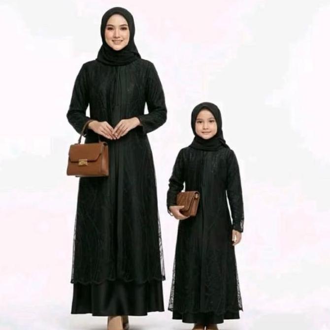 Heys- Gamis Couplle Ibu Anak Lebaran Tile Dress Meh Cantik Bahan Satin Cristal Mix Tile Sapto Ukuran