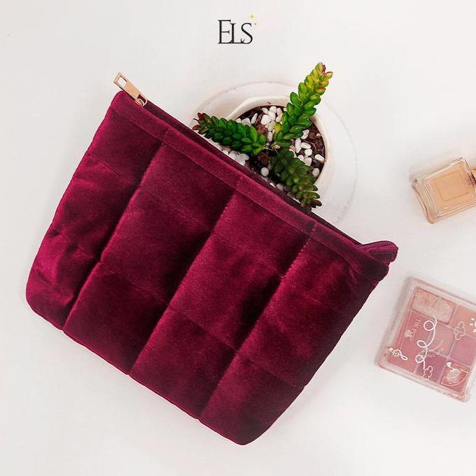 ELSA Cosmetic Pouch Make Up Velvet Red Puffy Aesthetic Pouch Kosmetik Kapasitas besar Custom NM12