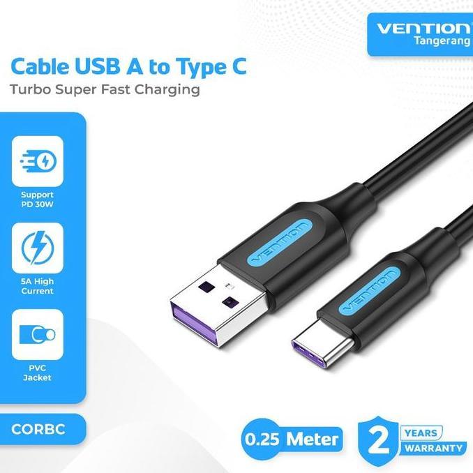 VENTION CORBC Kabel Data USB 2.0 to Type C Fast Charging 5A Fast Charging Support SPC QC 25CM Pendek