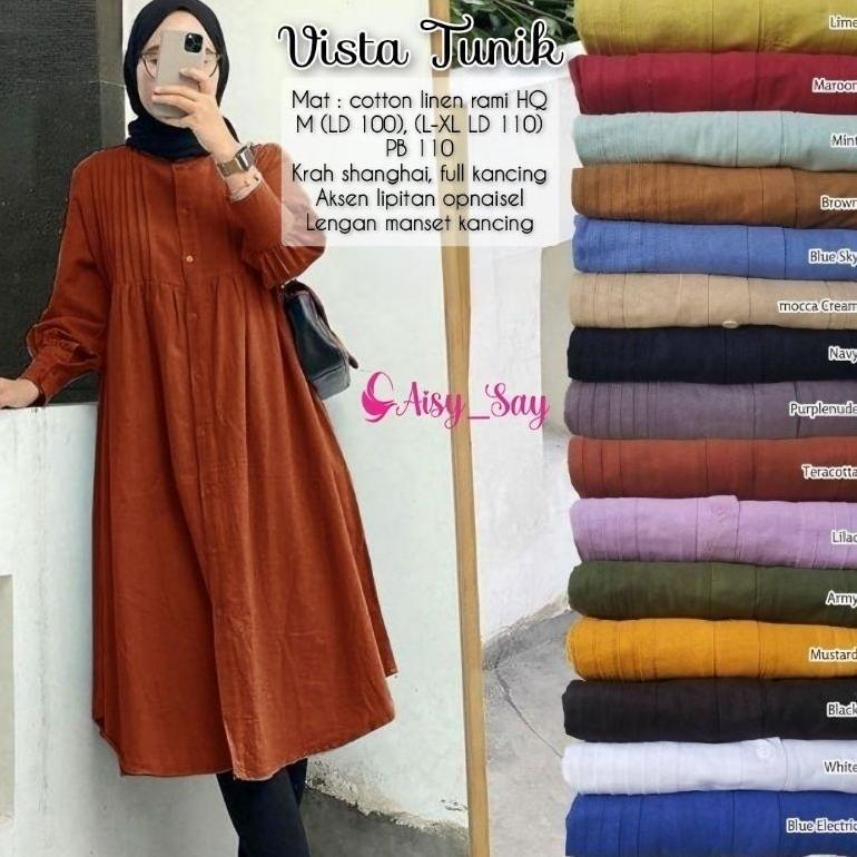 New Product Vista Long Tunik Korean Style Wanita Linen Premium | Tunik Polos Kancing Depan Busui Fri
