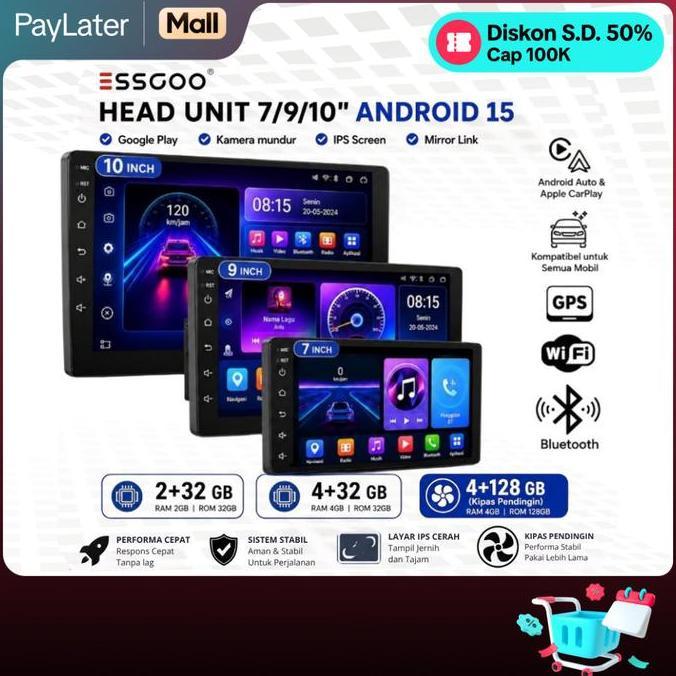 ESSGOO Head Unit Android 15 mobil 4G+64G  7/9/10 Inch 2 Din Kontrol Suhu Cerdas IPS Layer Mobil Navi