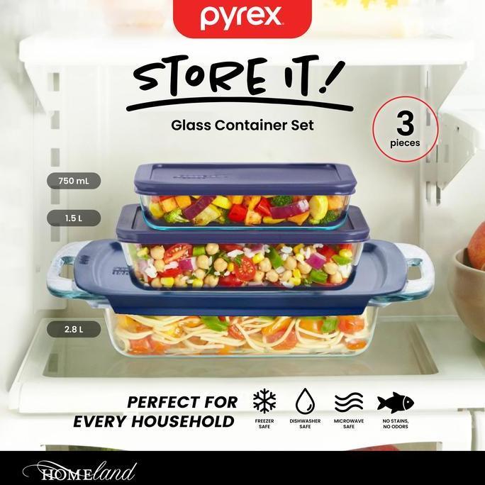 Allthebest- PYREX Easy Grab Loyang Kaca dengan Tutup Plastik / Kotak Makan Kaca Kedap Udara BPA Free