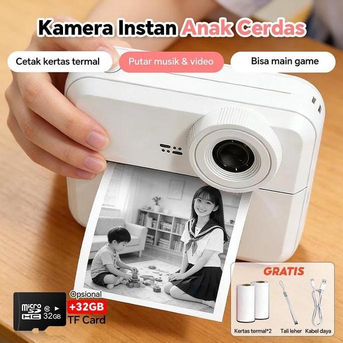 Kamera Cetak Instan Polaroid Anak Mini Thermal Printer Hadiah Kamera Pintar Foto Kamera Putih Vintag
