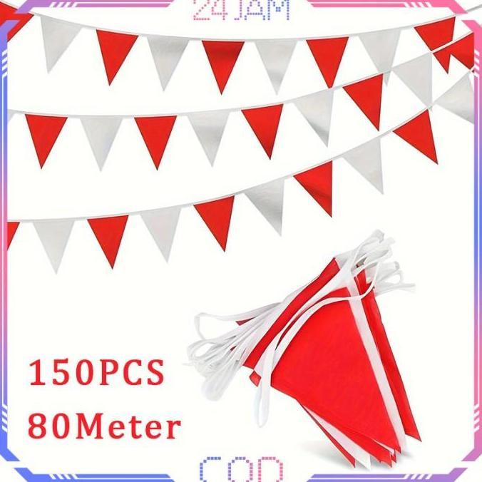 Allthebest- 150pcs Bendera Merah Putih Segitiga Kain 80 Meter Bendera Segitiga Merah Putih Bendera W