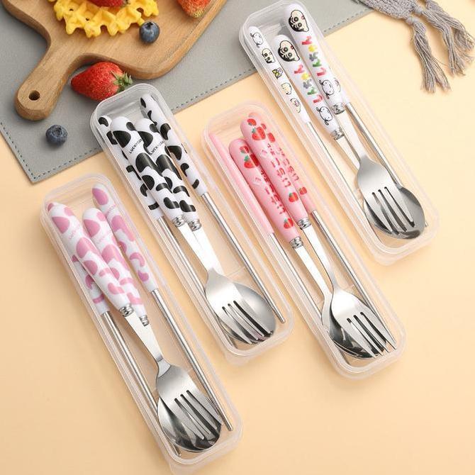 Sunflower H1083 Set Alat Makan Stainless Steel  Motif Lucu Komplit Sendok Garpu Sumpit Plus Box Taha