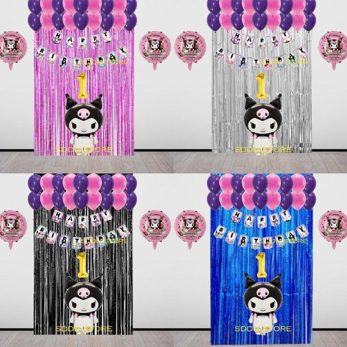 Paket Ulang Tahun Kuromi Banner Tirai Angka Balon Pink Ungu Biru Gold Isi Lengkap Untuk Merayakan Ul