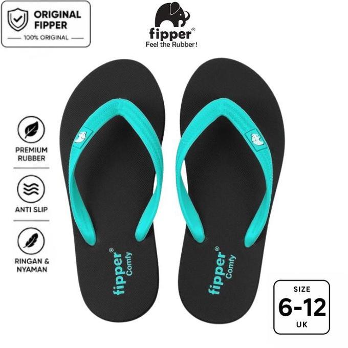 Fipper Comfy Sandal Jepit Anti Slip Pria Wanita Original Ringan Nyaman Hitam Black / Turquoise