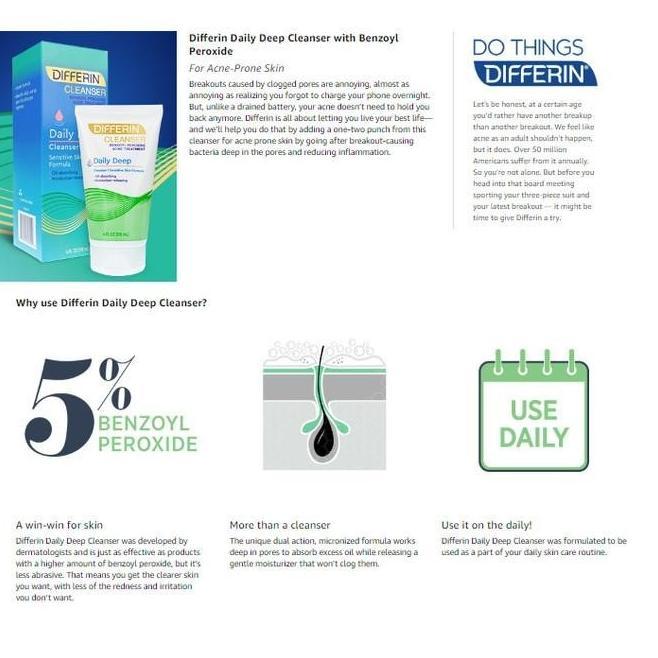 Differin Daily Deep Cleanser Acne Fash Wash Benzoyl Peroxide Sensitive ori