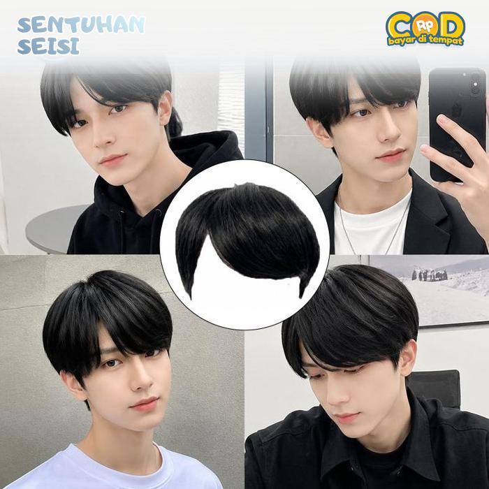 Bisa COD Rambut Wig Pria Pendek Rambut Palsu Pria Korea Wig Cowok Belah Tengah Wik Rambut Pria