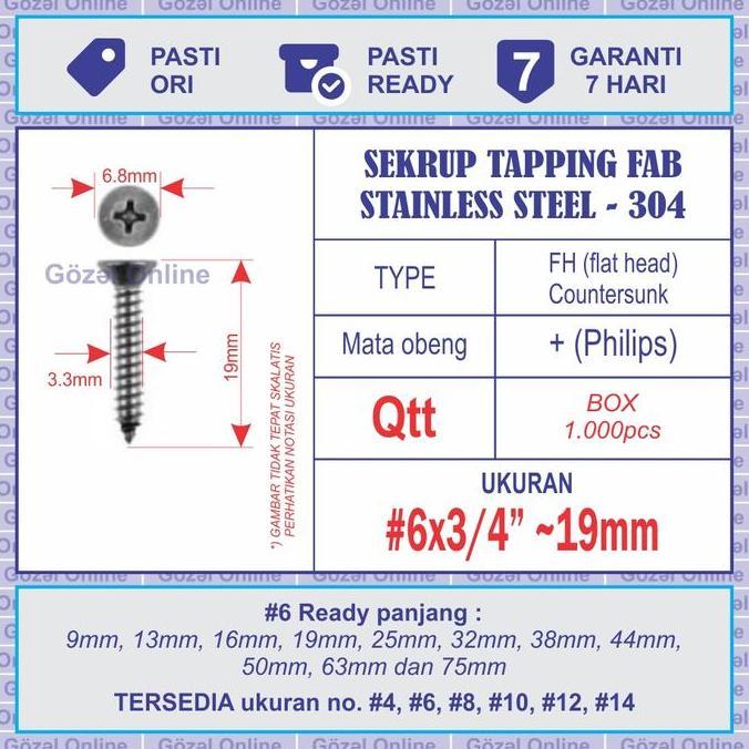 NEW Sekrup stainless FAB no. 6 x19mm - ST 3.5 x 3/4" - BOX isi 1000pcs