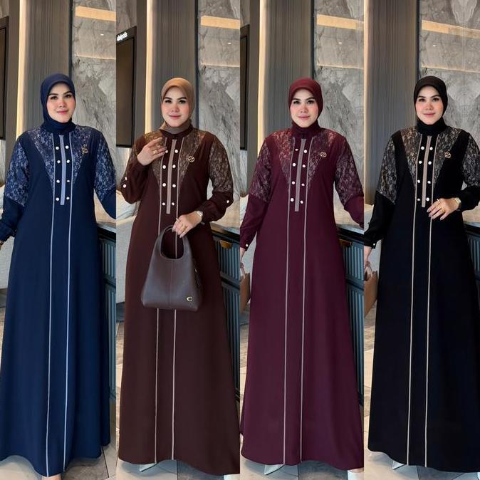 [CUCI GUDANG] Felisha Dress by Zahra - Gamis Polos Kombinasi Brokat Simple Casual dan Elegan