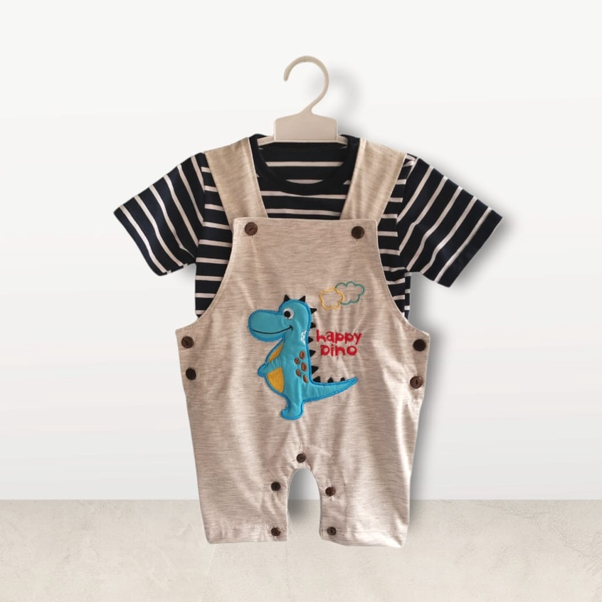 Overall Baju Setelan Kaos Celana Pergi Jalan Anak Bayi Hokiku Motif Dino Lucu Jumper Celana All Size 0-9 Bulan Unisex