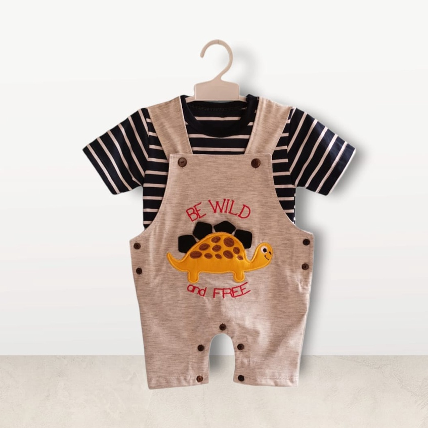 Overall Baju Setelan Kaos Celana Pergi Jalan Anak Bayi Hokiku Motif Dino Lucu Jumper Celana All Size 0-9 Bulan Unisex