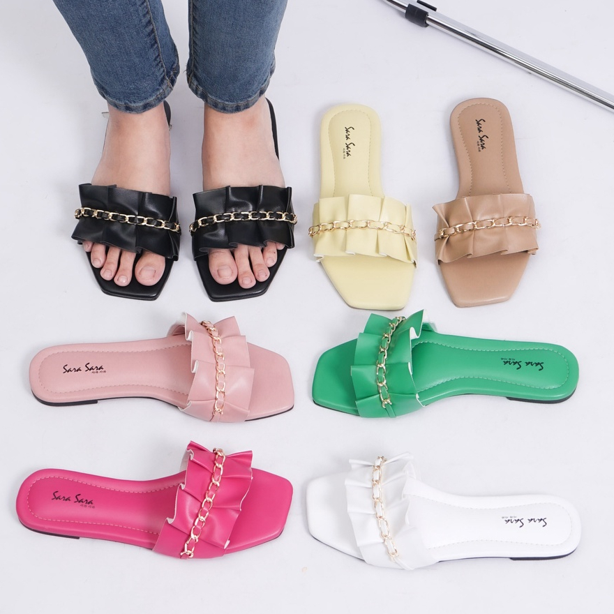 SARASARA YUK - MIA Sandal Wanita Teplek Korea Casual Size 36 - 40 Sendal Slop Empuk Flat Cewek Kasual Rumahan Warna ALL Color Selop Korean Style Santai Premium 37 38 39 Perempuan Kekinian Terbaru Shoes ORI Original Mall Official Store