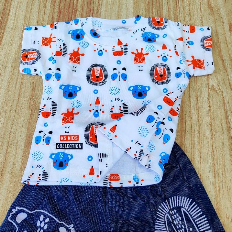 BANYAK MOTIF - SNI halus KS Setelan baju katun celana jeans anak bayi laki-laki cowok dinosaurus kapal helikopter mobil