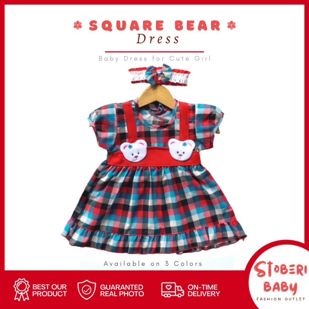 stoberi baby - (EXCLUSIVE ON STOBERI BABY) Dress Bayi Motif Animal Lucu Baju Bayi Perempuan / QIU2 SQUARE BEAR