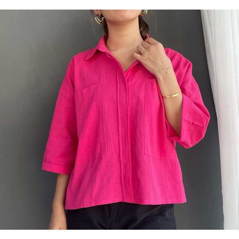 Tamstore Blouse Kemeja Wanita Linen Crinkle Oversize LD 130