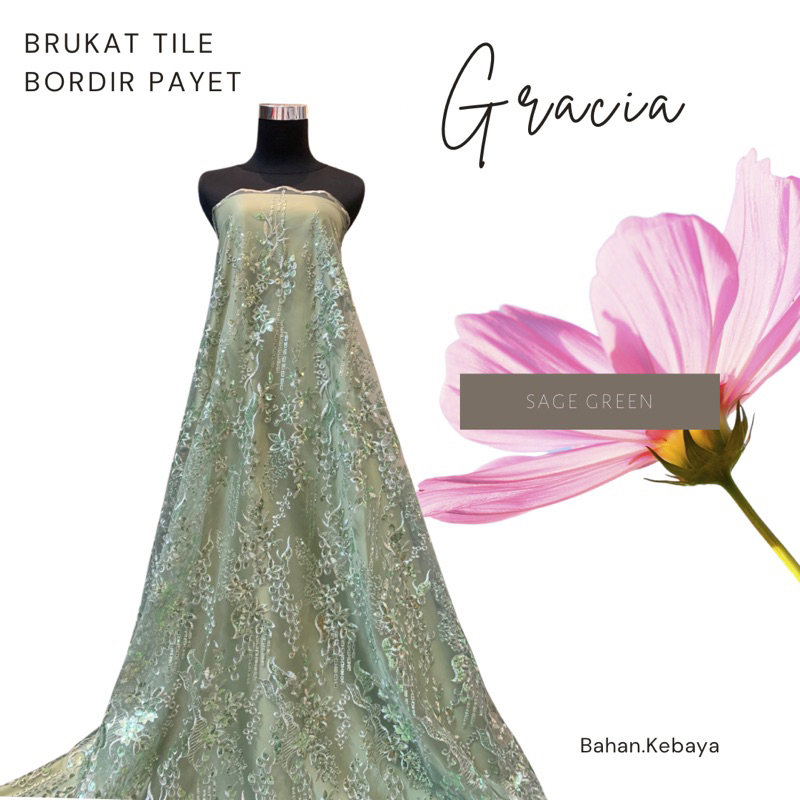 Kain Bahan Kebaya Brukat Tile Tulle Bordir Gracia Mewah Warna Sage Green Hijau