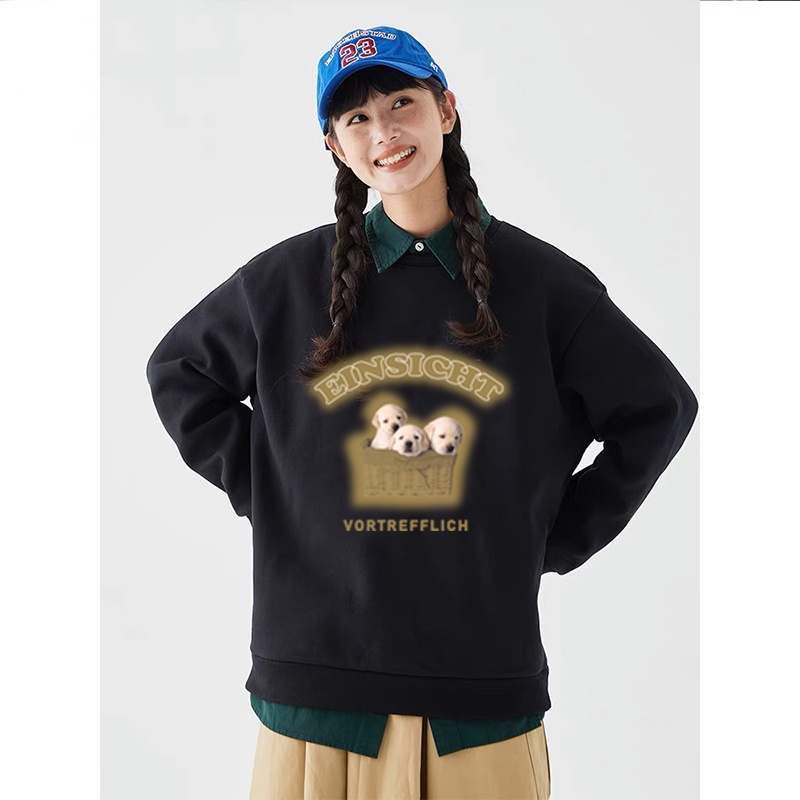 Kaos Stasan Wanita Oversize Couple Sweater American Vintage Cute Dog Cartoon Graphic Priting Top Kekinian Casual Sweater