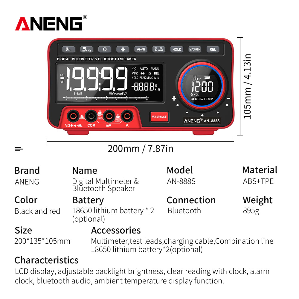 ANENG Digital Multimeter Voltage Tester Bench Type with Bluetooth Speaker - AN888S - Black