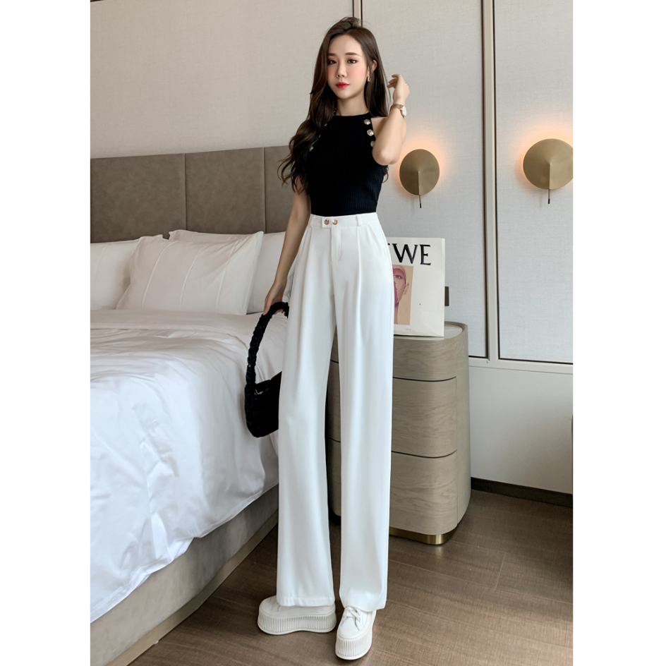 Korean Putih Highwaist Loose Celana Setelan Wanita