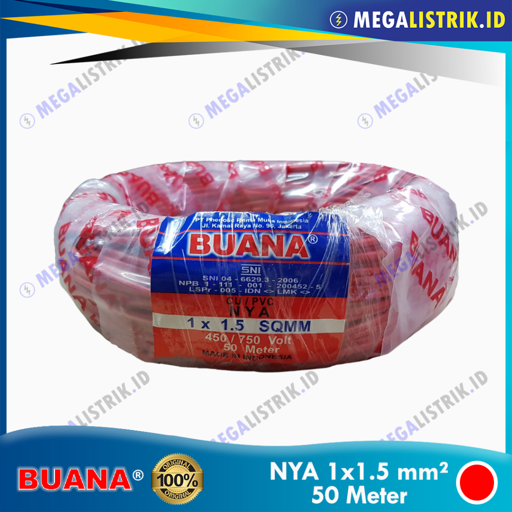 Terangshop17 Buana Kabel Nya 1.5Mm ( 50M ) / Kabel Listrik Kawat Tembaga Engkel Tunggal Nya 1 X 1.5